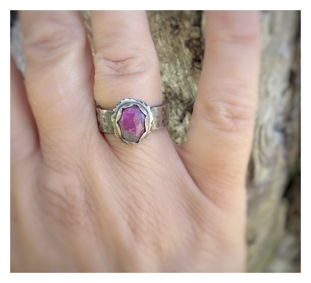 Pink Tourmaline Rose Cut Sterling Silver Ring