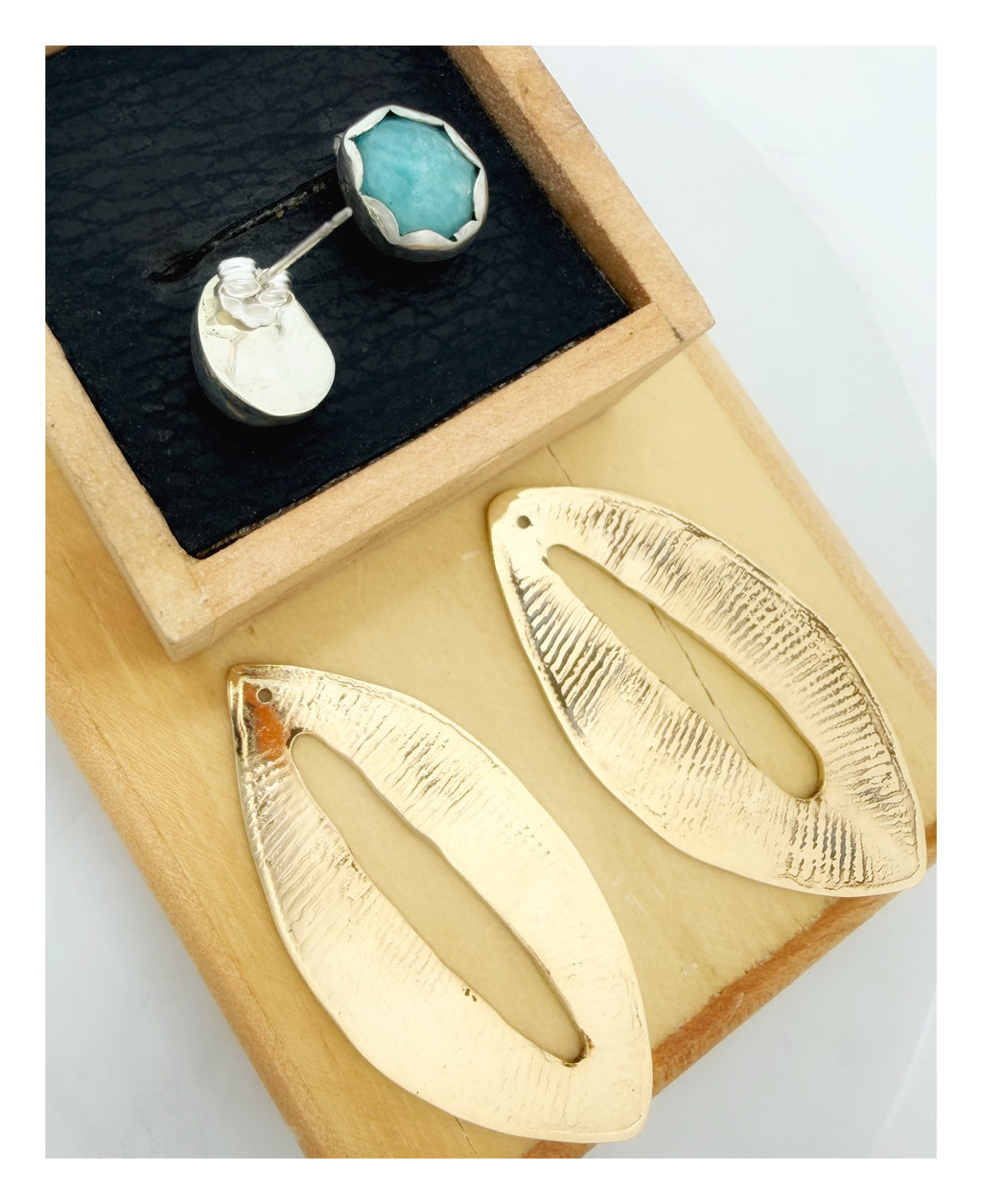 Rose-Cut Amazonite Sterling Silver with Gold Leaf Pattern Ear Jacket Earrings