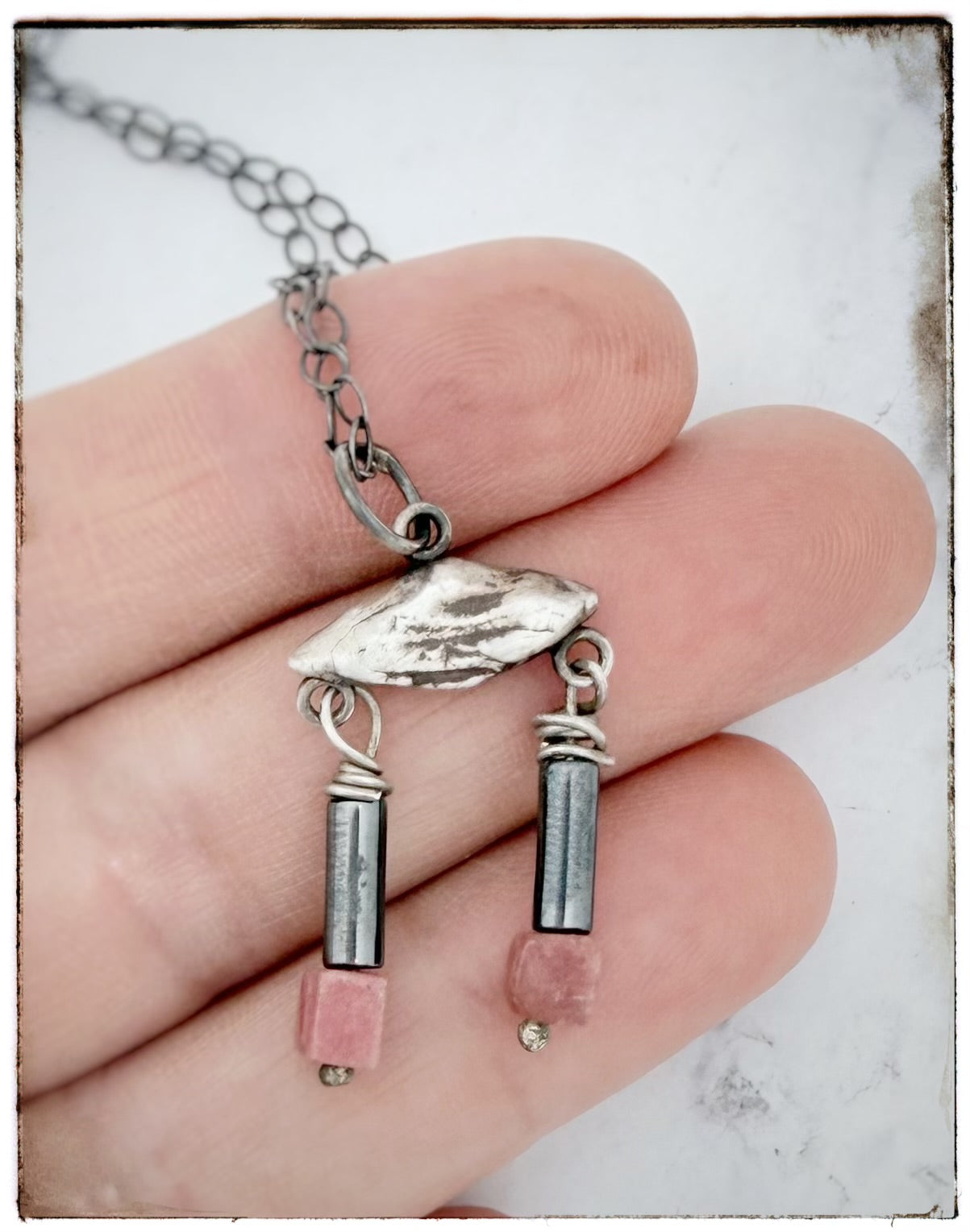 Tiny Silver Geometric Rhodonite and Hematite Bead necklace