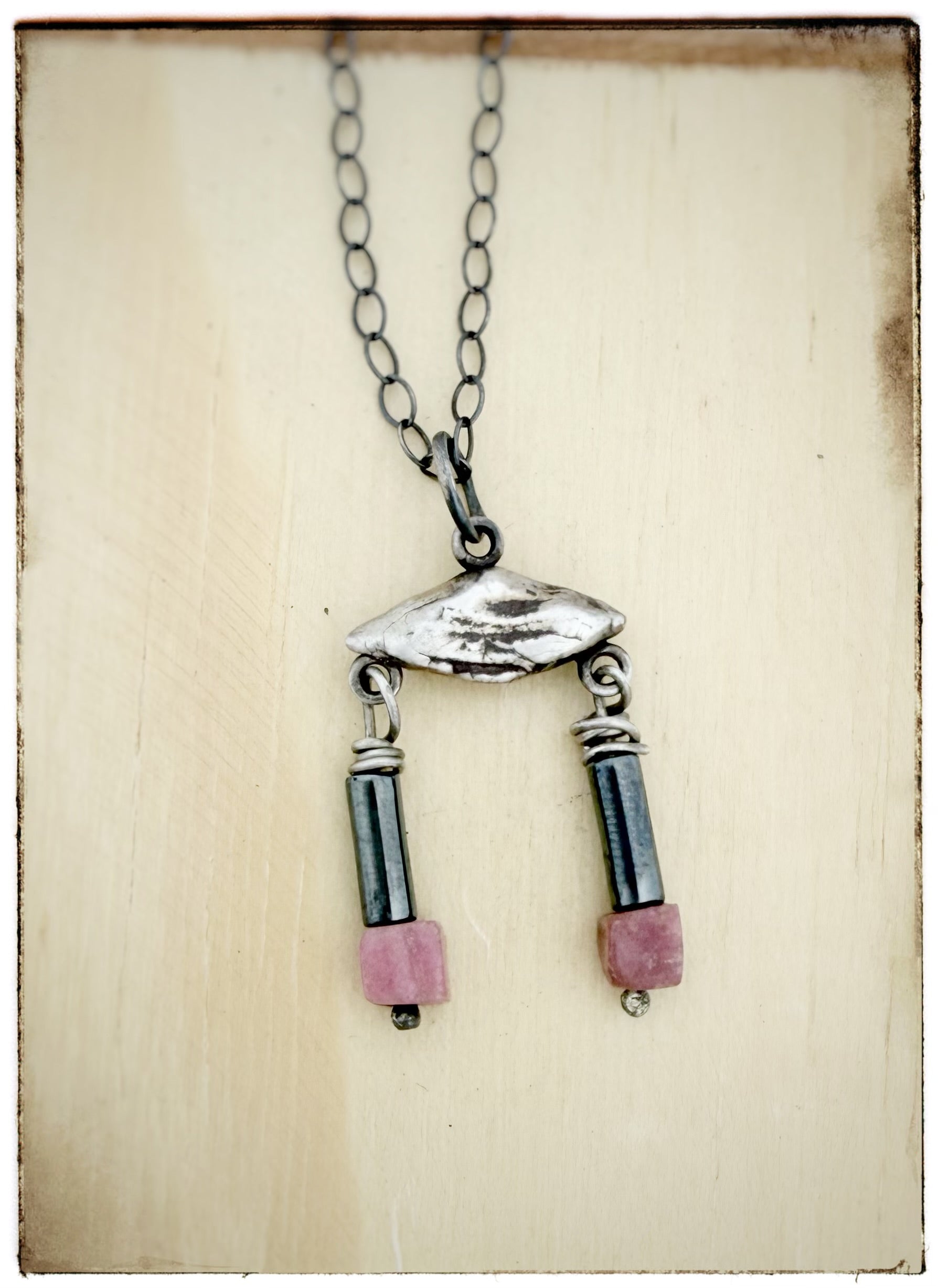 Tiny Silver Geometric Rhodonite and Hematite Bead necklace