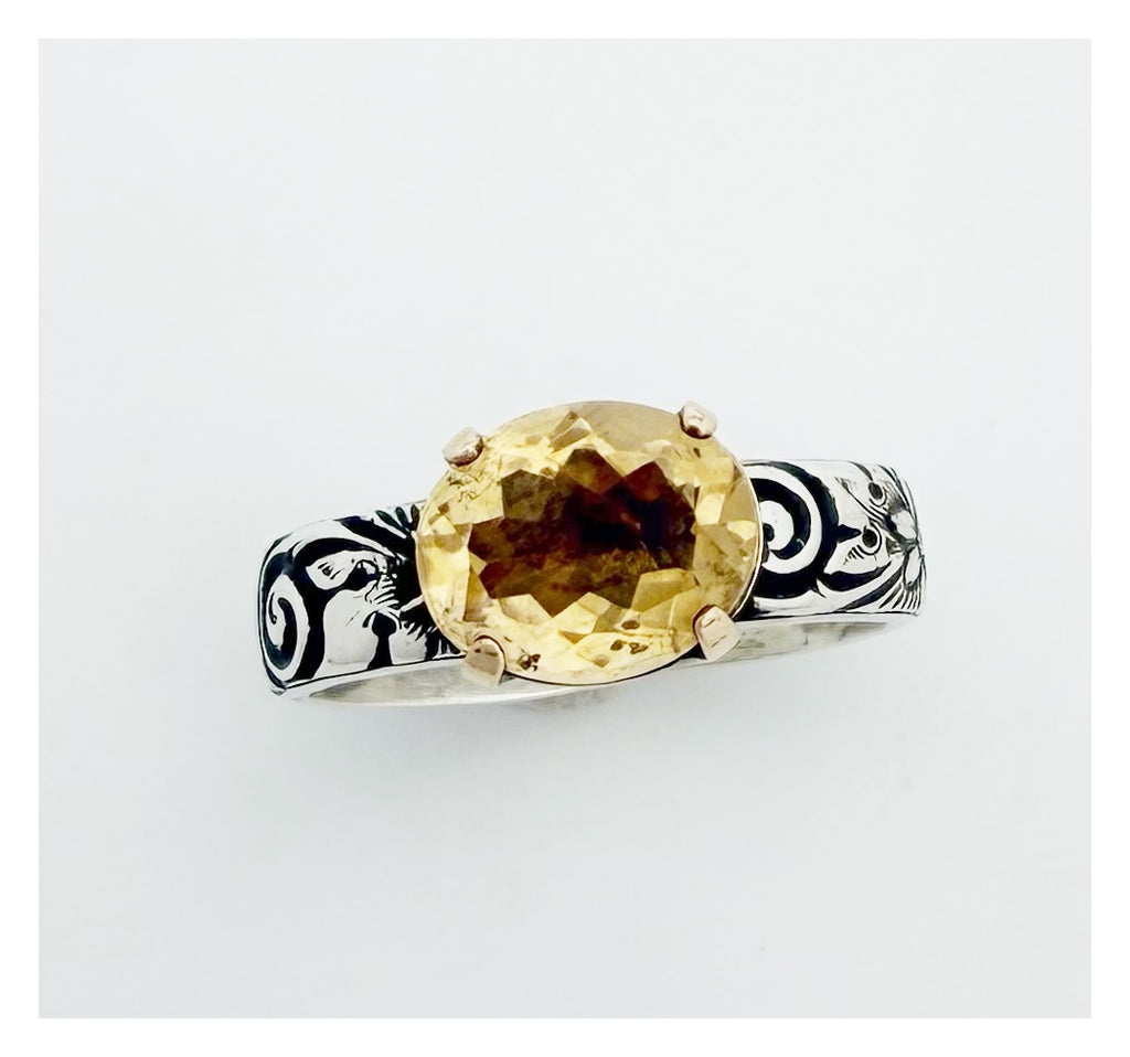Floral Faceted Citrine Sterling Silver Band Ring