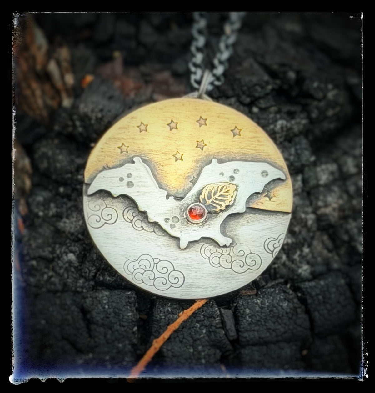 Full Moon Celestial Garnet Bat Sterling Silver Necklace