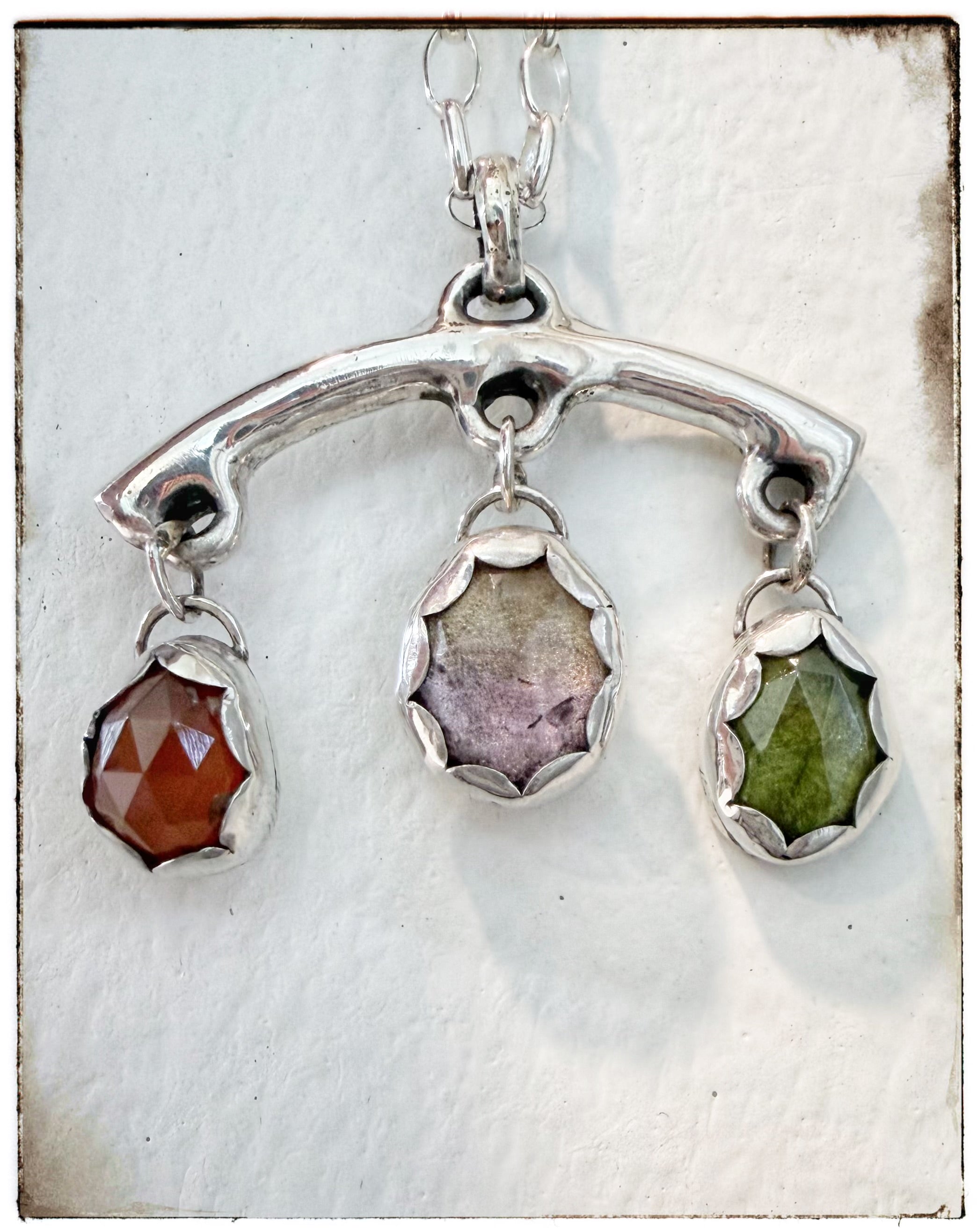 3 Rose-Cut Gemstone- Carnelian Ametrine Vesuvianite Necklace