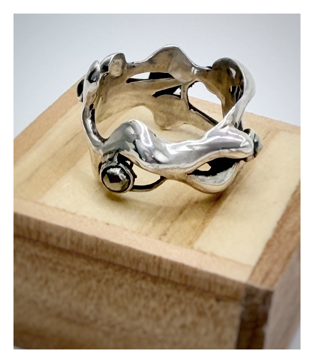 Sculptural Wide Sterling Silver Gloop Ring with Rose-Cut Pyrite gemstones
