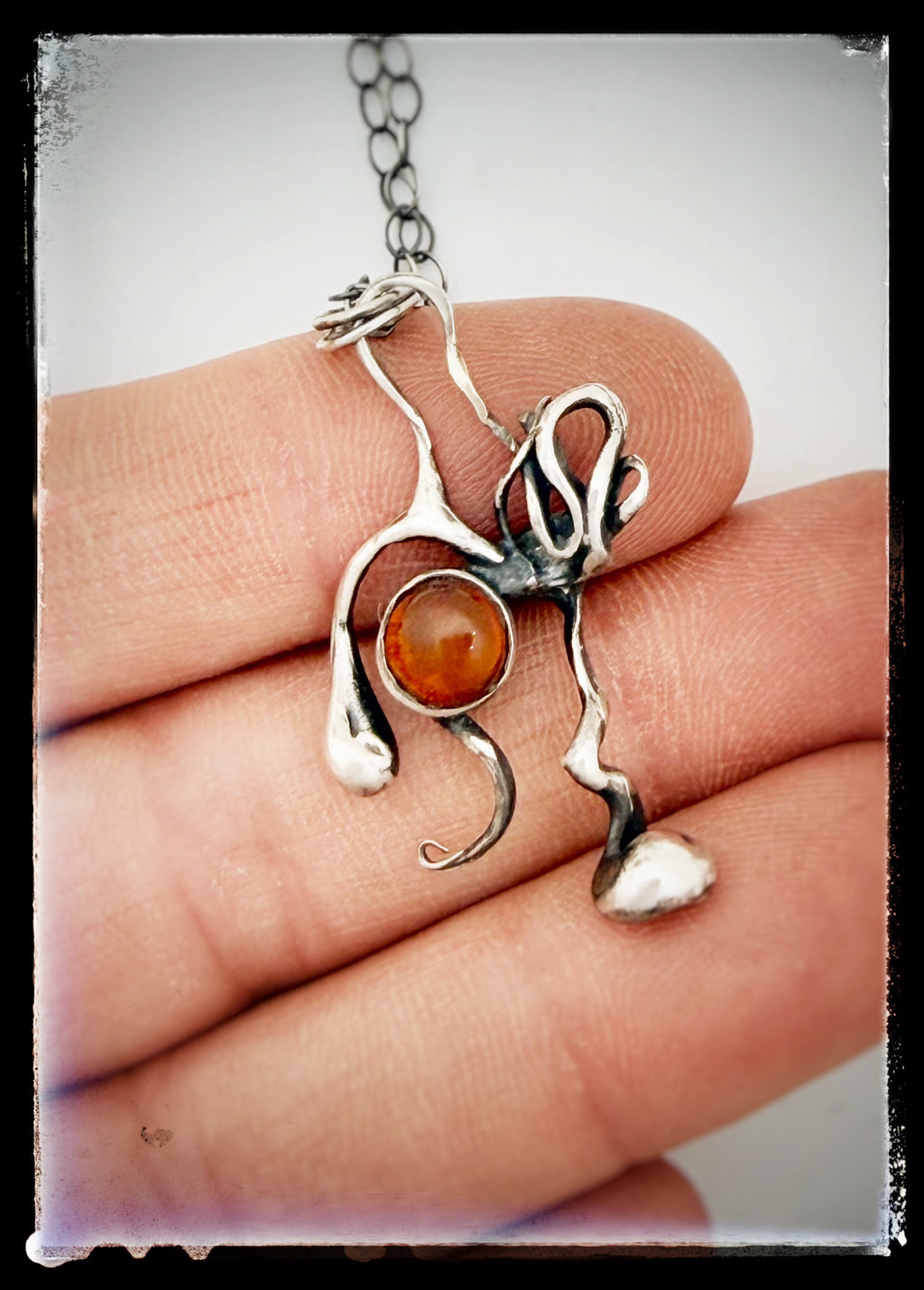 Sculptural Amber Dainty Sterling Silver Pendant