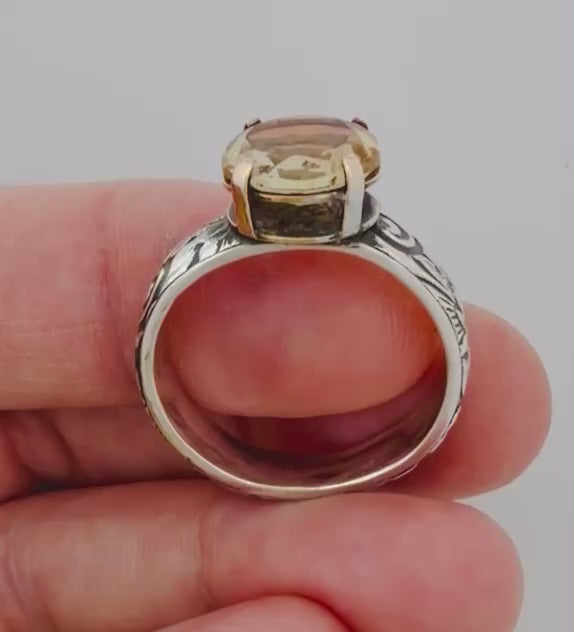 Floral Faceted Citrine Sterling Silver Band Ring