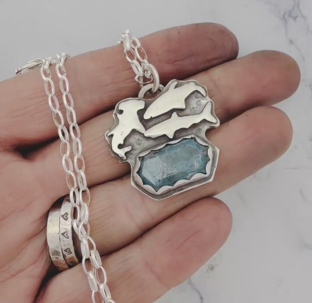Hexagonal Teal Moss Kyanite Sharks Necklace