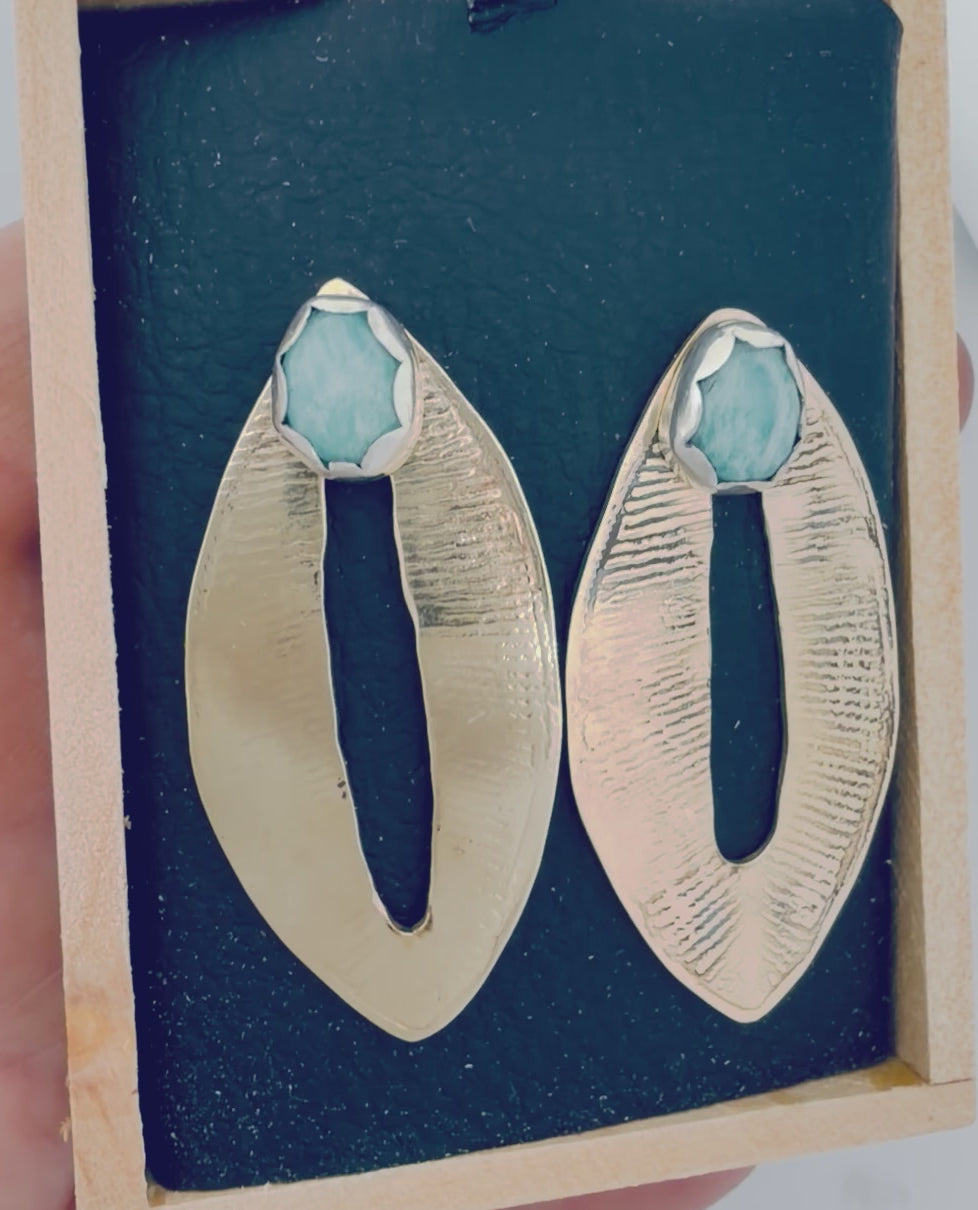 Rose-Cut Amazonite Sterling Silver with Gold Leaf Pattern Ear Jacket Earrings