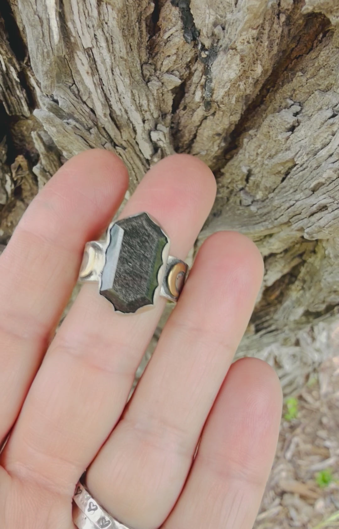 Silver Sheen Obsidian Crescent Moon Ring