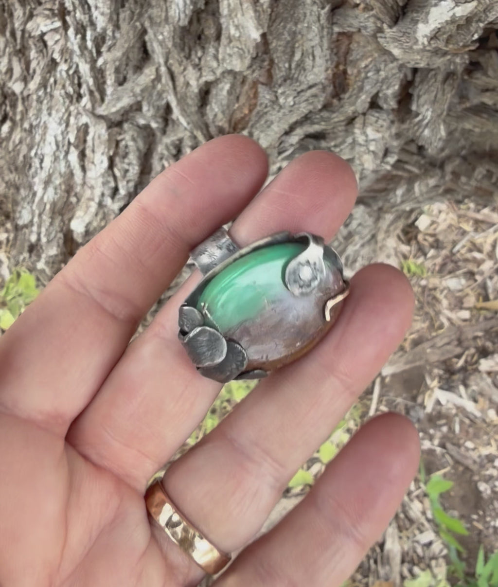Chrysoprase Sun & Flowers Ring